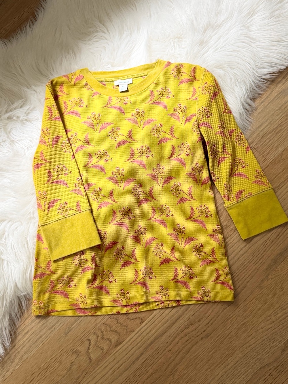 Sundance Woman’s Sausalito Yellow 3/4 Sleeve Floral Thermal Top Festival Cottage